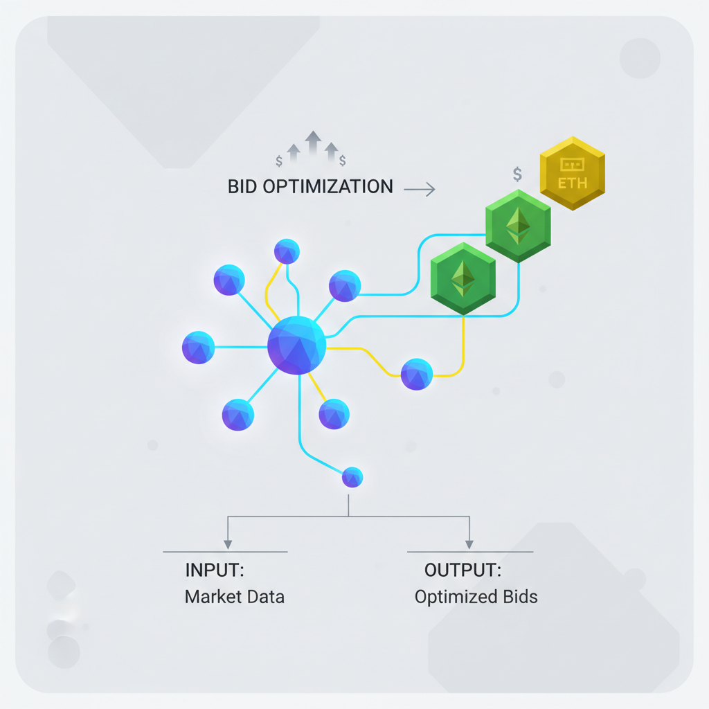 AI neural network optimizing Ethereum bids, glowing nodes connecting to blockchain