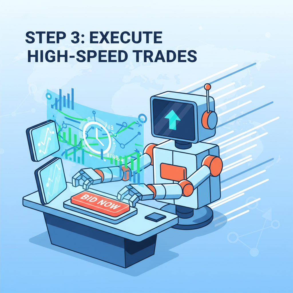 robot trader executing bids in high-speed auction, speed lines and charts
