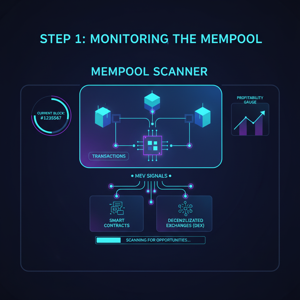 dashboard scanning mempool for MEV signals in DeFi, neon blockchain graphics