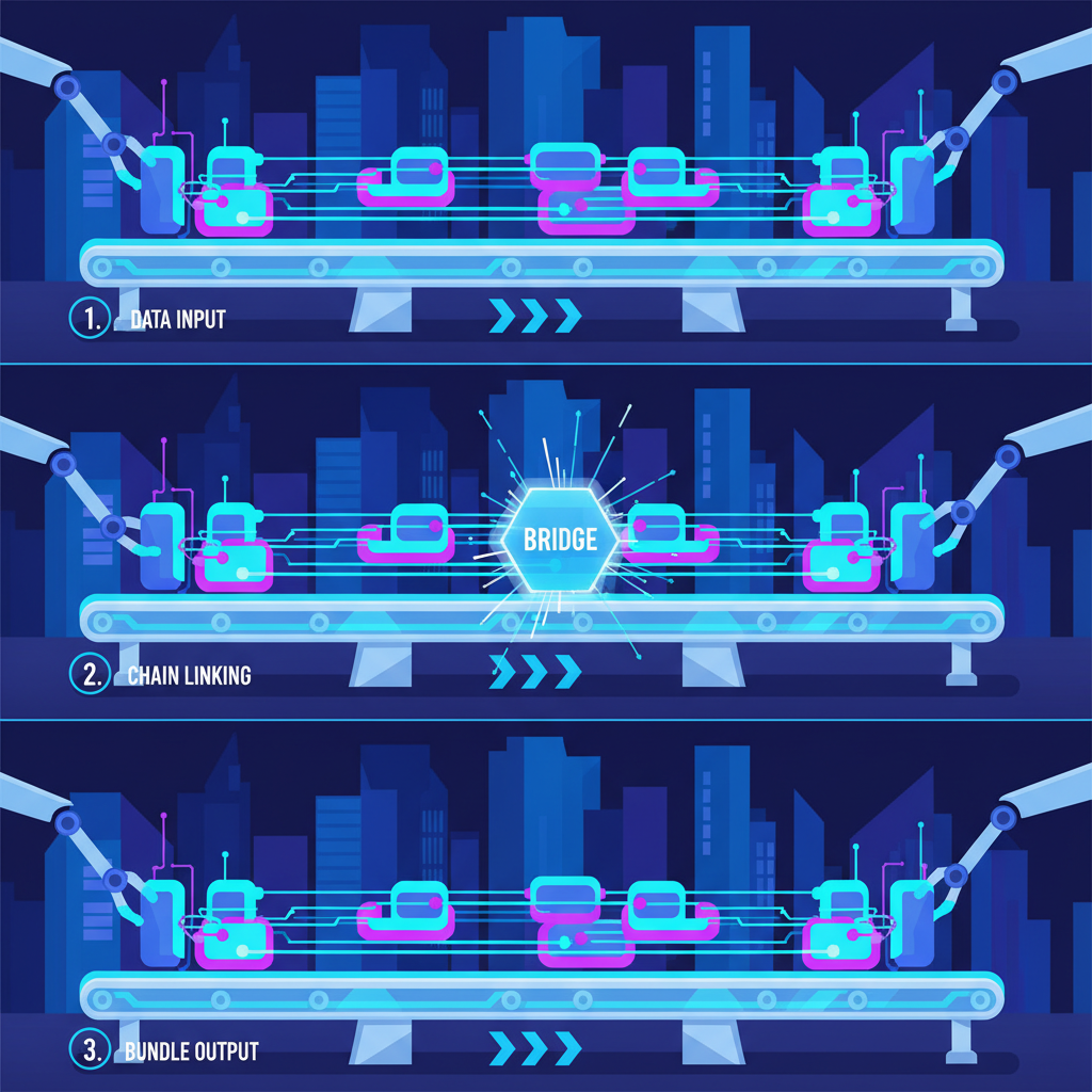 bundle of glowing transaction blocks linking multiple chains, futuristic assembly line