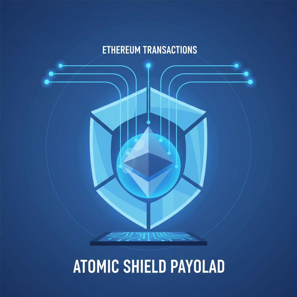 Ethereum transactions bundled into atomic shield payload, glowing blue orb