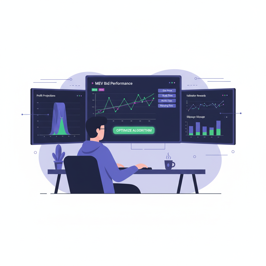 coder at desk tuning MEV bid algorithms, multiple screens with charts, dark mode