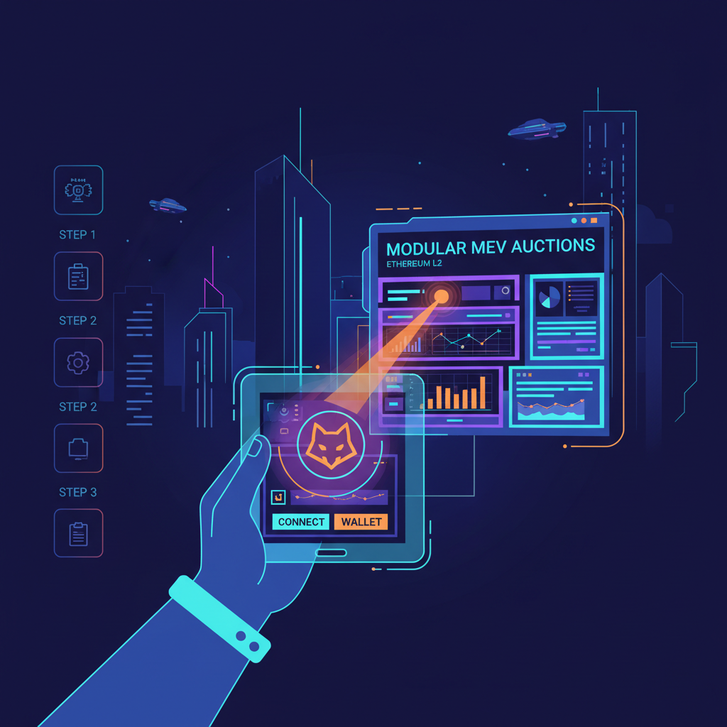 User connecting MetaMask wallet to futuristic Modular MEV Auctions dashboard on Ethereum L2, neon cyberpunk style, digital interface glowing