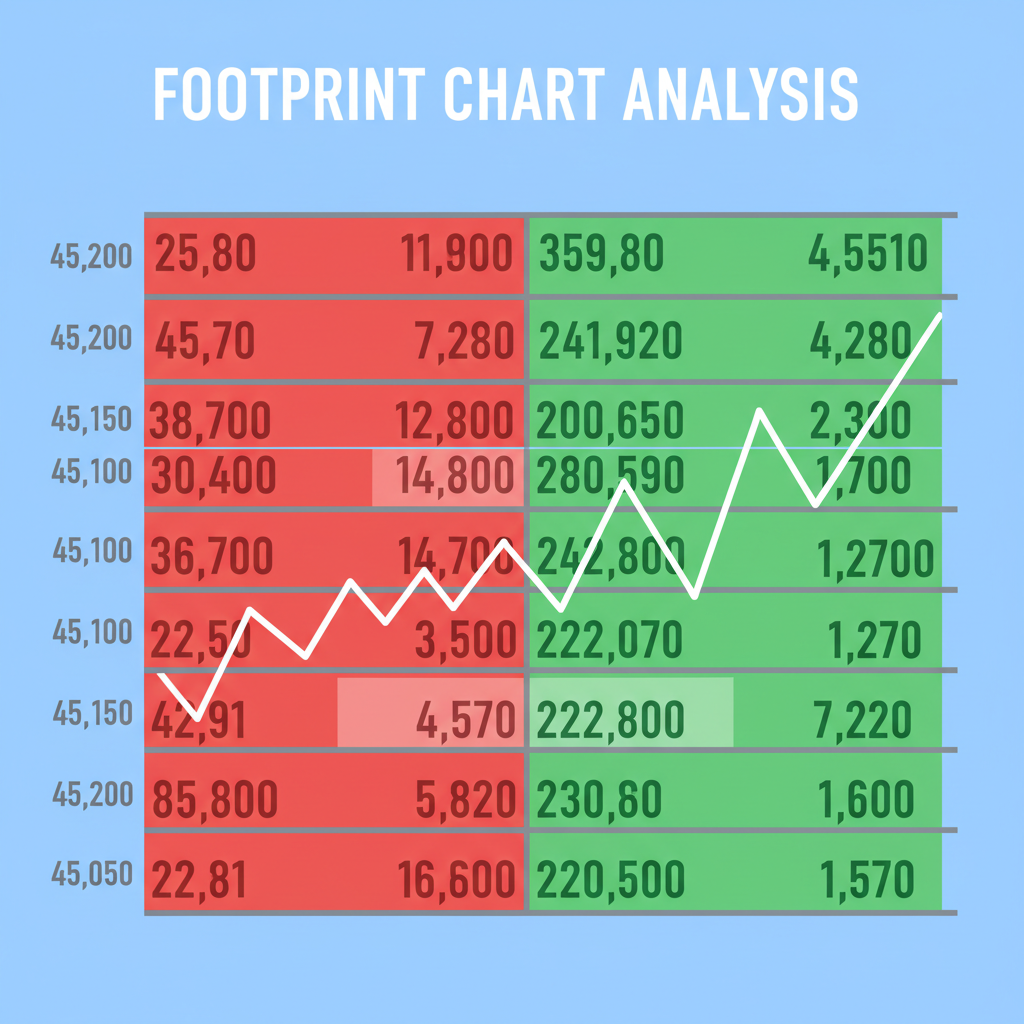 footprint chart closeup with bid ask volumes highlighted, green red numbers, crypto price levels