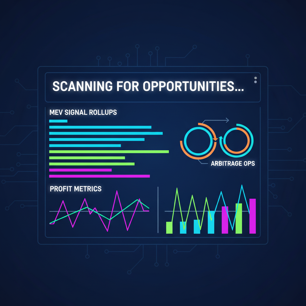 Dashboard scanning rollups for MEV signals, graphs showing arbitrage ops, neon charts