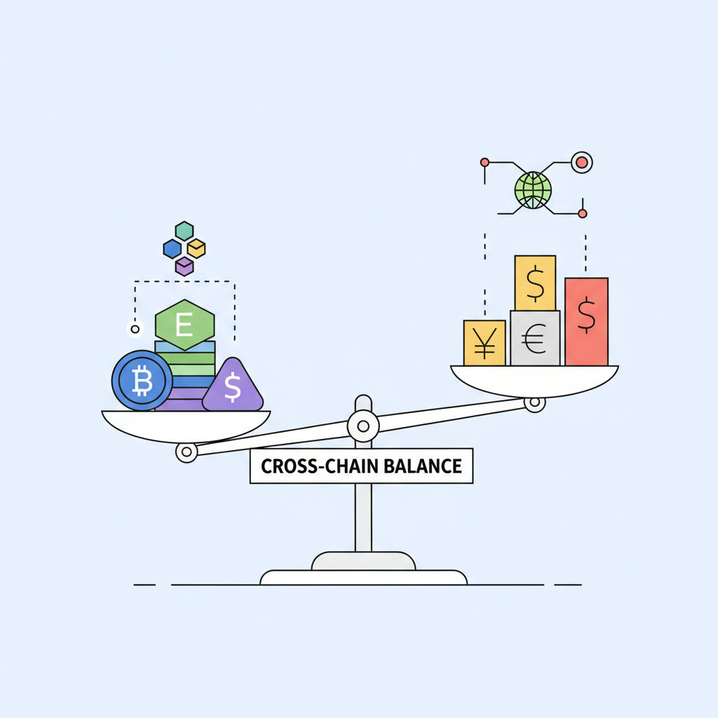 balanced scale with crypto tokens and hedges across chains, minimalist financial art