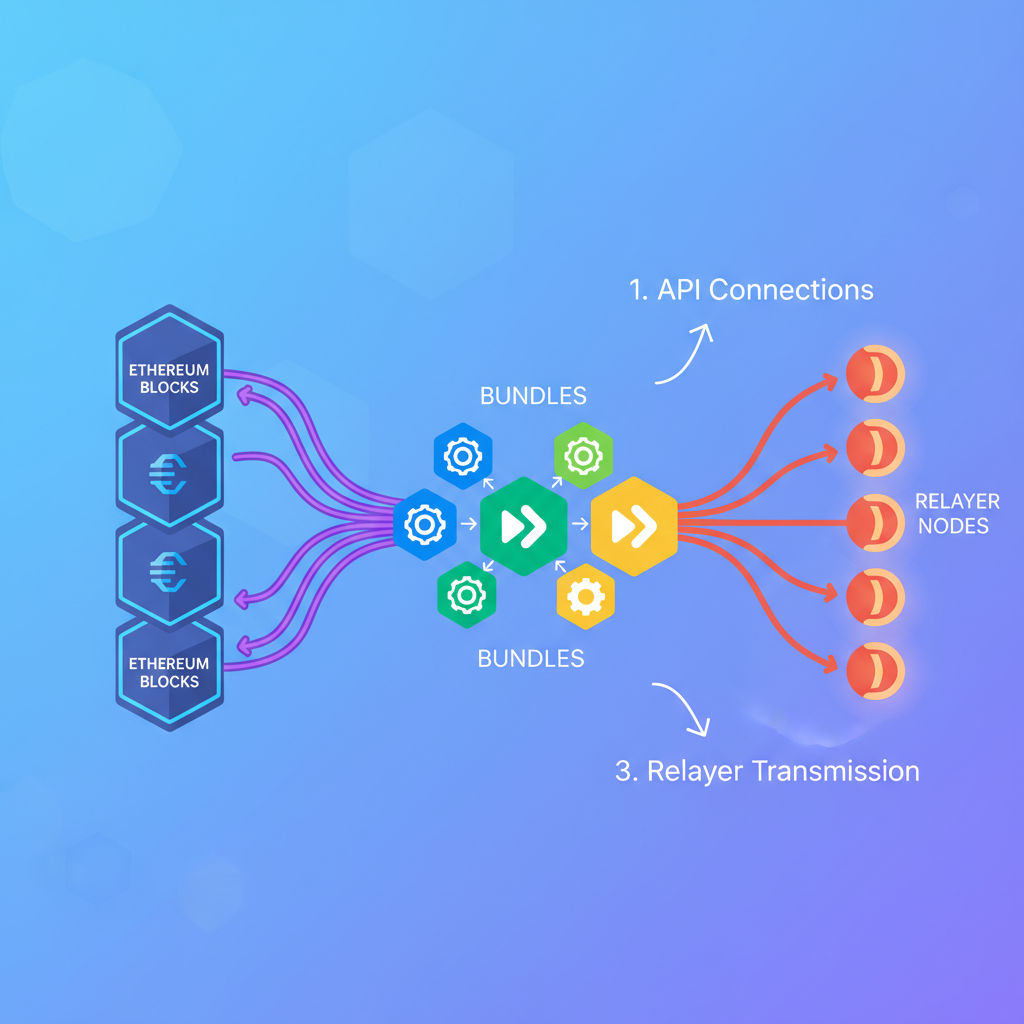API connections between ethereum blocks and relayer nodes, bundle icons merging, vibrant blockchain graphic