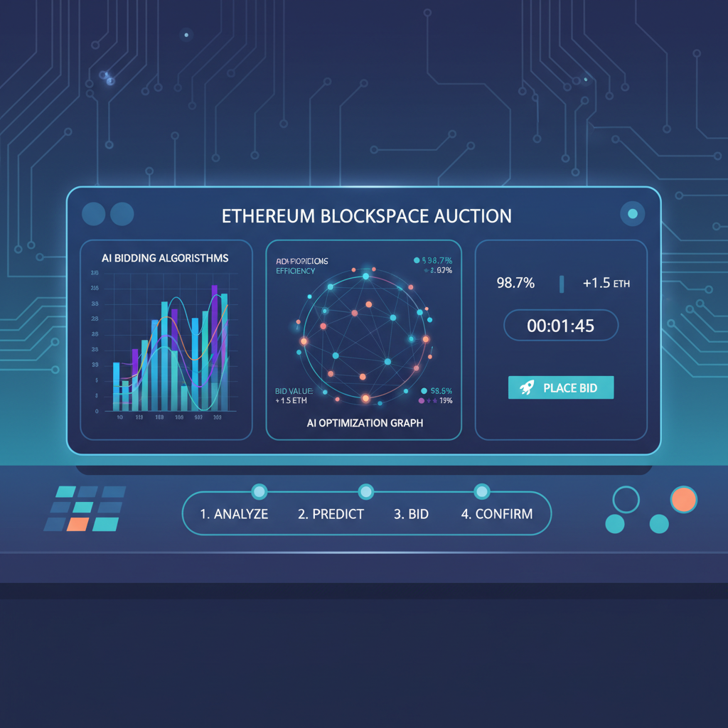futuristic dashboard with bidding algorithms, AI graphs, Ethereum blockspace auctions interface