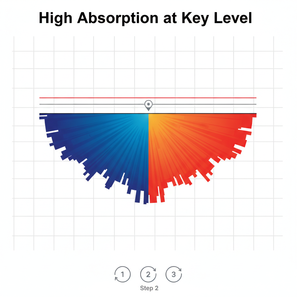 footprint chart with high absorption volume at key level, price pinned, red blue intensity map