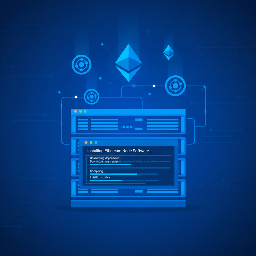 code terminal installing software on server, ethereum logos and relay icons floating, techy blue tones