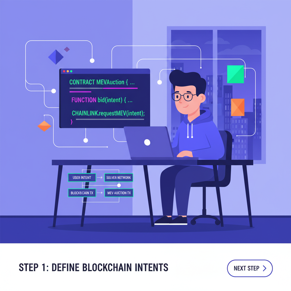 developer coding API integration for blockchain intents, code editor with glowing MEV auction scripts