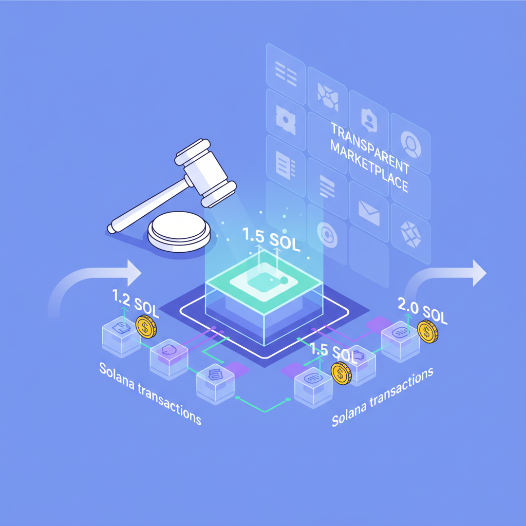 Auction hammer on digital block with Solana transactions bidding, transparent marketplace vibe