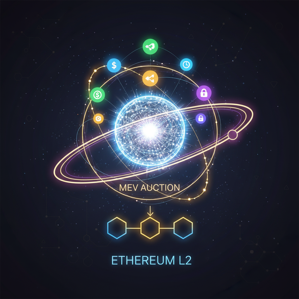 Bundling colorful transaction intents into a glowing atomic payload bundle for MEV auction, Ethereum L2 blockchain visualization, vibrant digital art